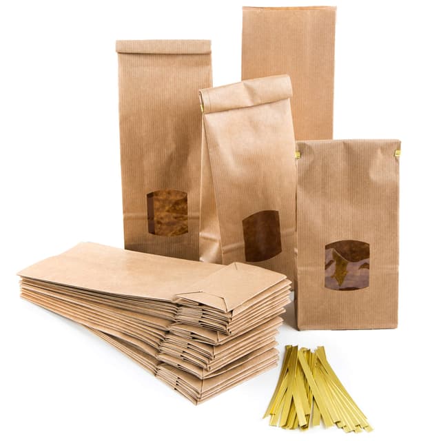 Große Blockbodenbeutel, 10 Stück: Papiertüten mit Fenster, Tüten Groß, Teetüten Braun, Geschenktüten für Lebensmittel, Tee & Gewürze, Kraftpapiertüten, Papiertaschen mit Clips, 10 x 6,5 x 27,5 cm 10,5 X 6,5 X 29 Cm mit Fenster 10 Stück