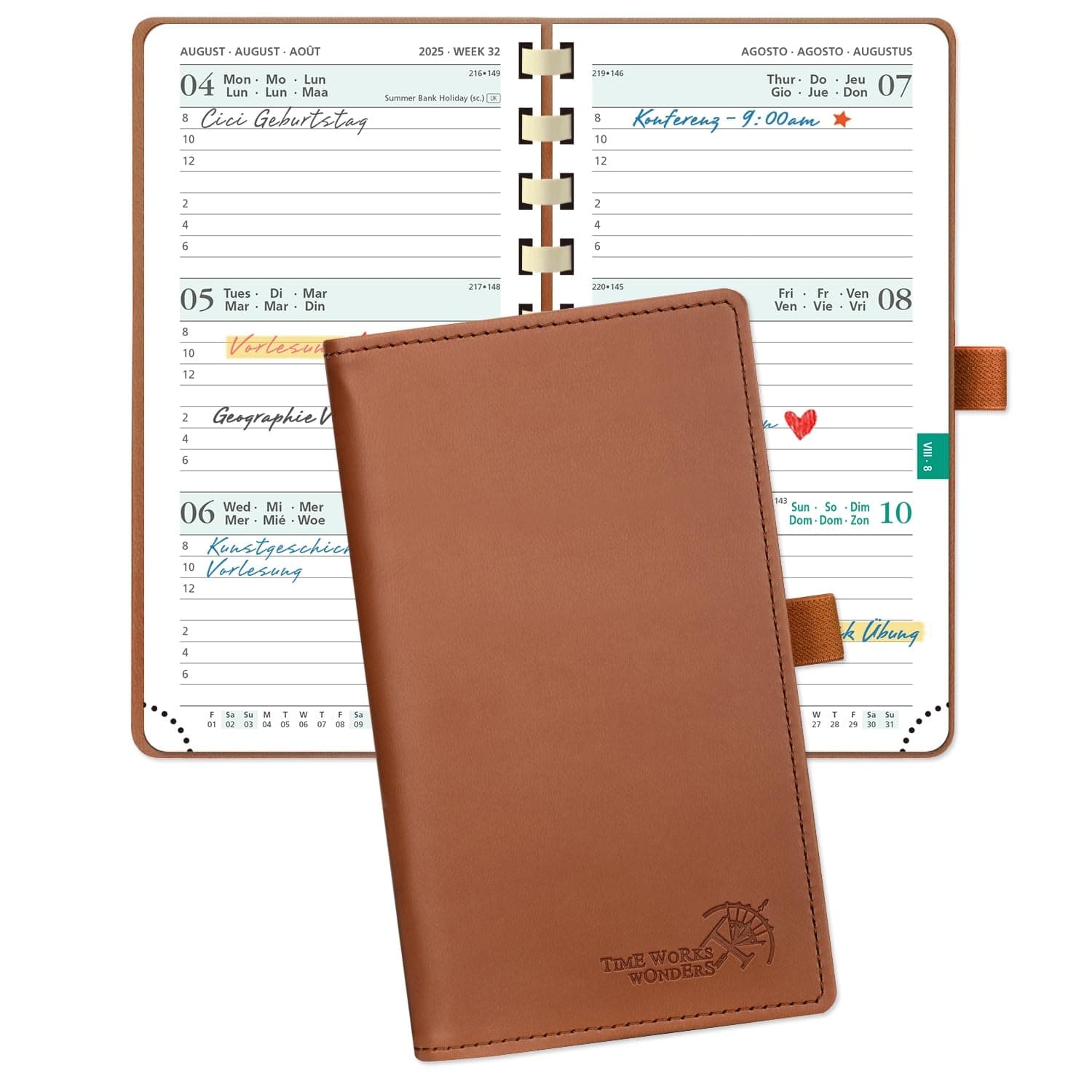 POPRUN Taschenkalender 2025 2026 Klein 16,5 x 9 cm (Aug.2025-Dez.2026) - Kalender 2025 2026 Klein Ringbuch mit Softcover - Terminplaner, Planer 1 Woche 2 Seite mit Kartenschlitz - Braun 16,5 x 9 cm Braun
