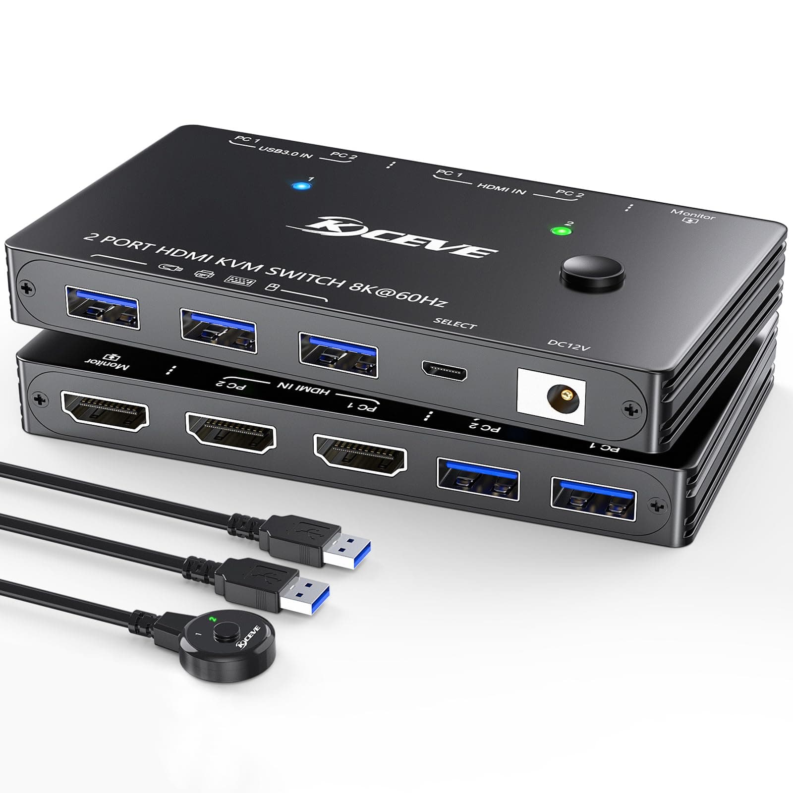 KVM Switch HDMI 8K@60Hz/4K@120Hz, HDMI2.1 KVM Switch für 2 Computer, die sich 1 Monitor und 3 USB3.0-Geräte teilen, Kabelfernbedienung und USB-Kabel im Lieferumfang enthalten 8K HDMI KVM