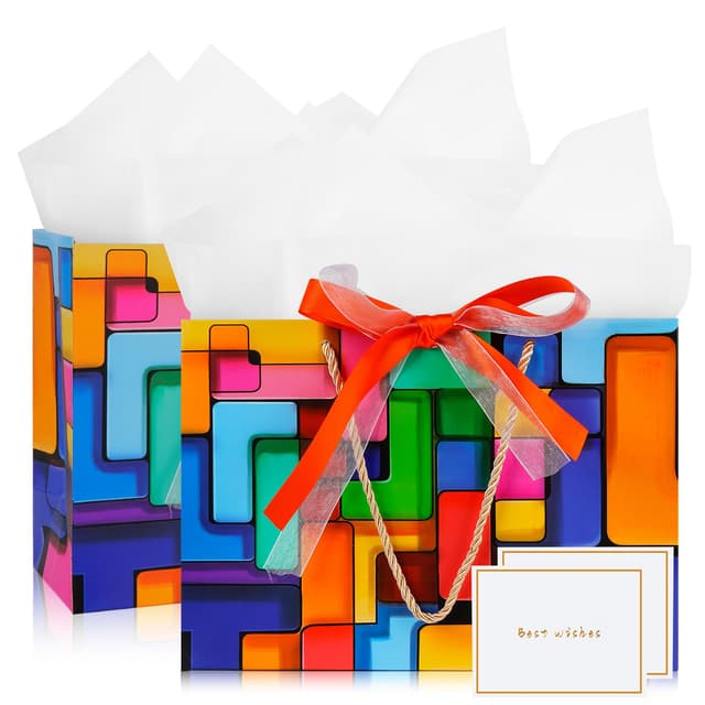 Mifferer Geschenktüten für Geschenk, 2 Stück, mittelgroße Geschenktüte mit 2 Verpackungen und 2 Karten, Papier-Geschenktüten, Einkaufstaschen mit Griffen für Damen, Herren, Geburtstag, Hochzeit,