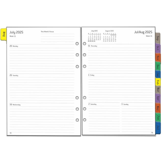2025 2026 Wochenplaner Einlage A5 6 Löcher, Englisch, 1 Woche 2 Seiten mit Tabs, Extra Notizen Kontakt, von Aug.25 bis Jul.26, 100 gsm, Nachfüllpapier für Kalender 2025 2026 Planer A5 2025.8-2026.7(Bunte Tabs)