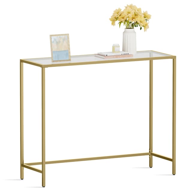VASAGLE Konsolentisch, Beistelltisch, Oberfläche aus Hartglas, moderner Sofatisch, einfacher Aufbau, verstellbare Füße, Wohnzimmer, Flur, helles Gold-transparent LGT26G Gold + Transparent 1 Ebenen(35T x 100B cm)