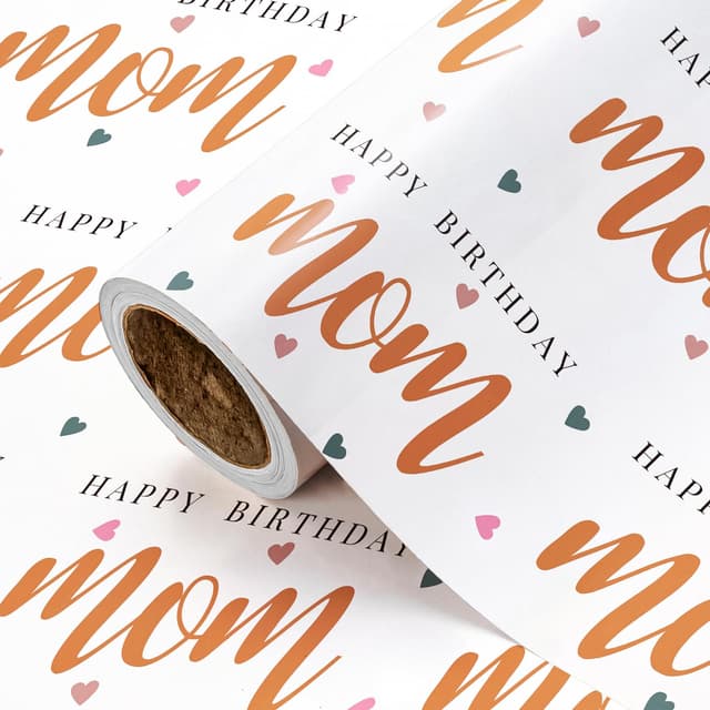 RUSPEPA Geburtstags-Geschenkpapierrolle für Mama – Mini-Rolle – 43,2 cm x 5 m – „Happy Birthday Mom“-Schriftzug mit buntem „Love“-Design Mama - Schriftzug - Orange