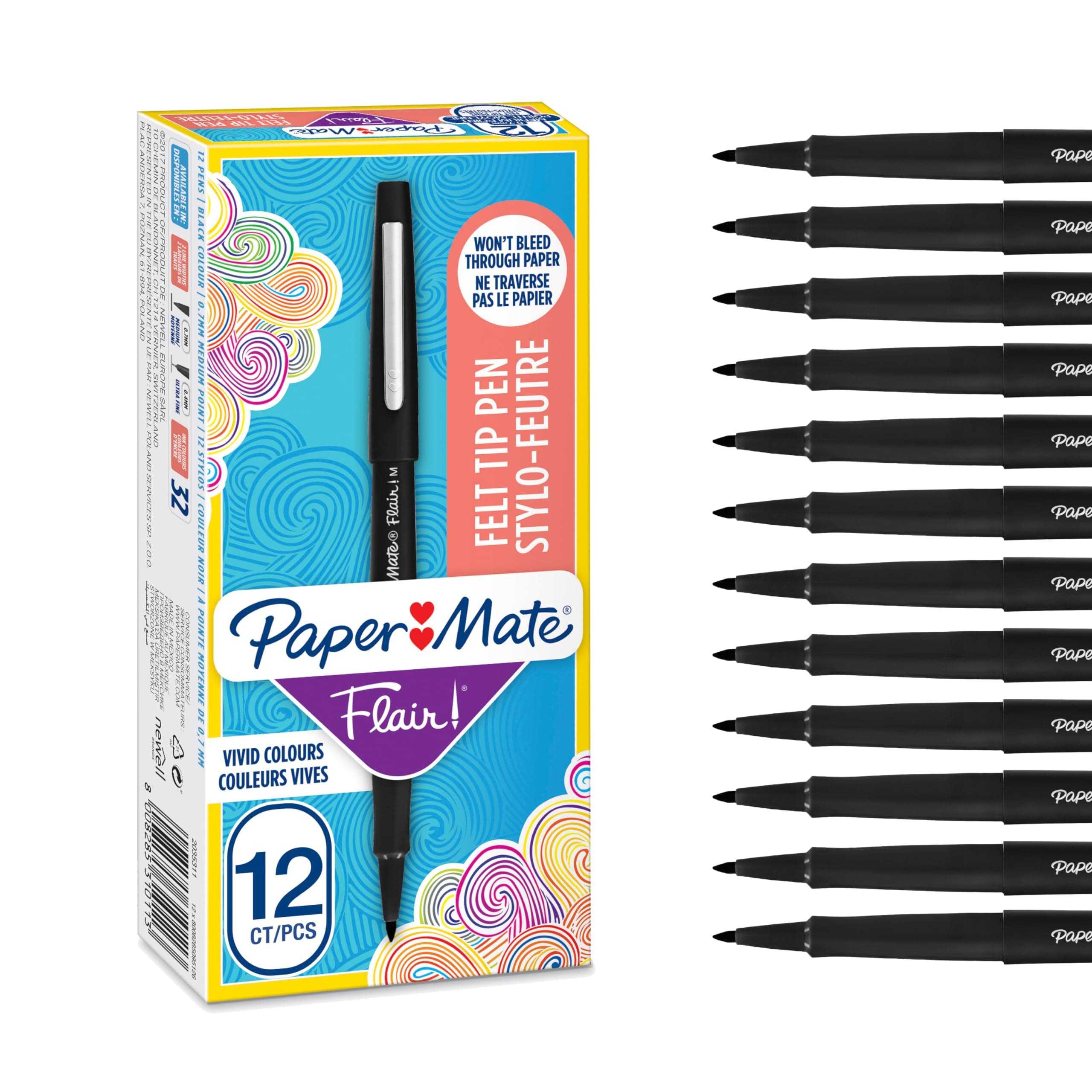 Paper Mate Flair Filzstifte | mittlere Spitze (0,7 mm) | Schwarz | 12 Stück Mittlerer Spitze 1 stück (12er Pack) Schwarz
