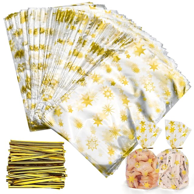 Faburo 120 Stück Plätzchentüten, 23 x 14 cm Kekstüten Weihnachten, Bodenbeutel Weihnachten mit 120 Gold Kabelbindern, Cellophantüten Weihnachten Tüten für Plätzchen Bonbon, Klarsichtbeutel Gebäcktüten