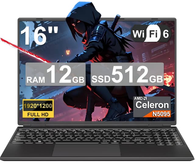 2025 Gaming Laptop 16 Zoll Win11 12+512GB SSD Unterstützung 2TB(HDD-2TB) 1920x1200 Notebook 4-Core Celeron N5095 (bis 2.9GHz) Laptop mit Nummerntastatur WiFi Mini HDMI Deutscher Tastaturschutz-Schwarz N00-Schwarz