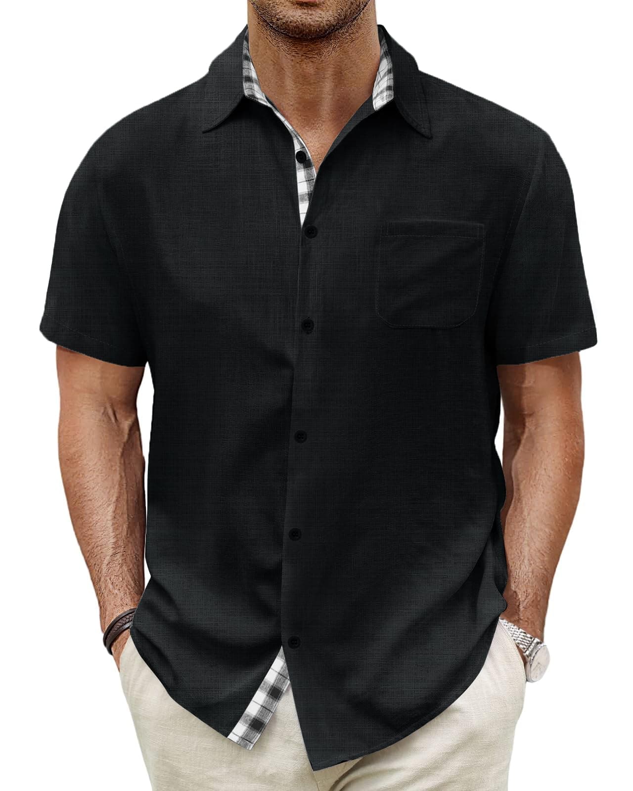 HMIYA Herren Kurzarm Hemd 100% Baumwolle Button Down Freizeithemden Sommer Strand Regular Fit Shirt L Schwarz