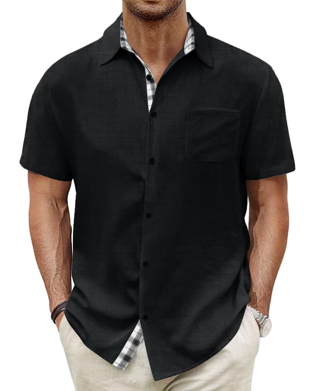 HMIYA Herren Kurzarm Hemd 100% Baumwolle Button Down Freizeithemden Sommer Strand Regular Fit Shirt L Schwarz