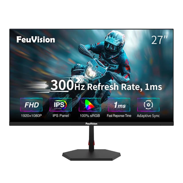 FeuVision 27 Zoll Gaming Monitor, 300Hz 240Hz, FHD 1080p, PC Monitor, 1ms, IPS Panel, Adaptive-Sync, FreeSync, VESA montierbar, Eye-Care, 100% sRGB, Rahmenlos Bildschirm, HDMI*2, DP*2 27 zoll FHD IPS 27'' FHD 300Hz IPS