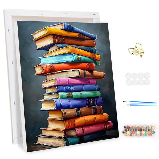 MEIYUDA Malen Nach Zahlen Erwachsene mit Rahmen, Diy Set Erwachsene Bücher Bastelset, 3 Pinsels Und Acrylfarbe Diy Handgemalt öLgemäLde Kit Als Geschenk und Home Haus Deko 30x40cm 05-book