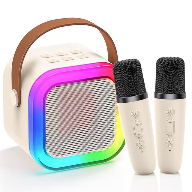 Mini Karaoke Maschine mit 2 Drahtlosen Mikrofonen, Karaoke Maschine Kinder, tragbarer Bluetooth-Lautsprecher mit Stimme Wechselnde Effekte & LED Lichter für Jungen Mädchen Geschenke Heimparty Weiß