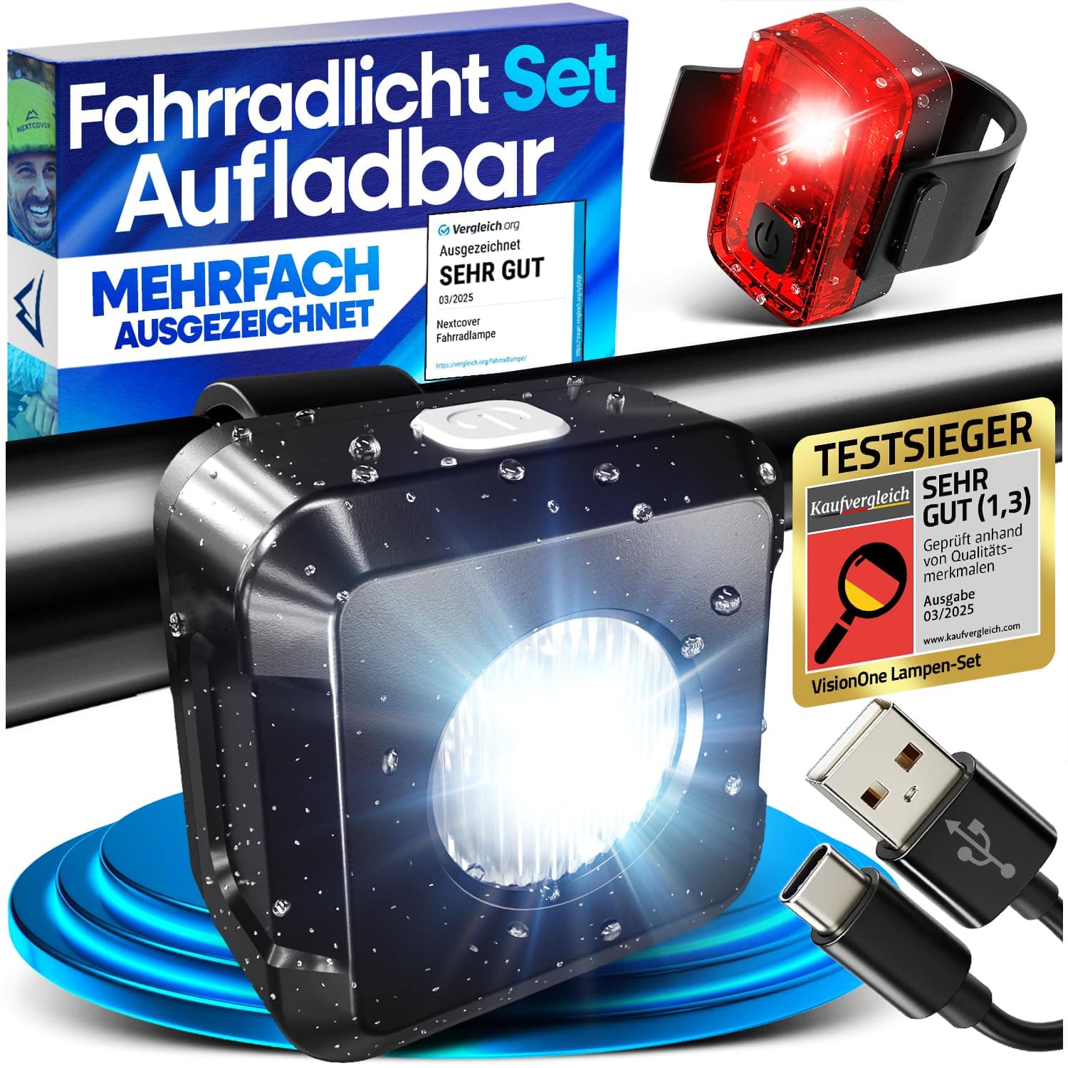 NEXTCOVER® Fahrradlicht Set mit [VisionOne] I LED Set USB-C aufladbar & wasserdicht I StVZO zugelassen I Fahrrad Licht vorne I Fahrradlampe & Fahrrad Rücklicht, Fahrradbeleuchtung Akku, Licht Fahrrad