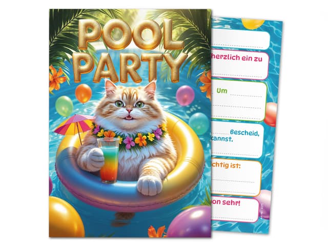 8 Einladungskarten zum Kindergeburtstag Schwimmbad Pool Party Katze Mädchen Jungen Kinder Einladungen Geburtstag Geburtstagseinladungen Kids Karten 8-er Set