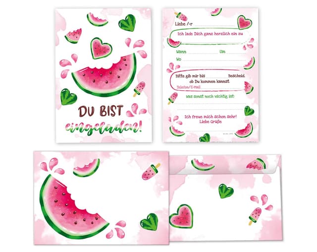 Minkocards 8 Einladungskarten incl. 8 Umschläge Kindergeburtstag Wassermelone Mädchen Einladung Mädchengeburtstag Geburtstagseinladungen 8 Karten + 8 Umschläge