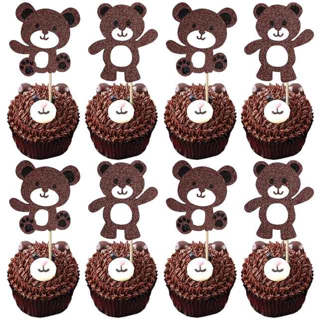 24 Stück Bär One Cupcake Dekorationen Glitzer Bärchen Tortendeko Nettes Tier Kuchen Deko für Kinder Erster Geburtstag Party Kuchen Dekorationen Braun Neu Color 2
