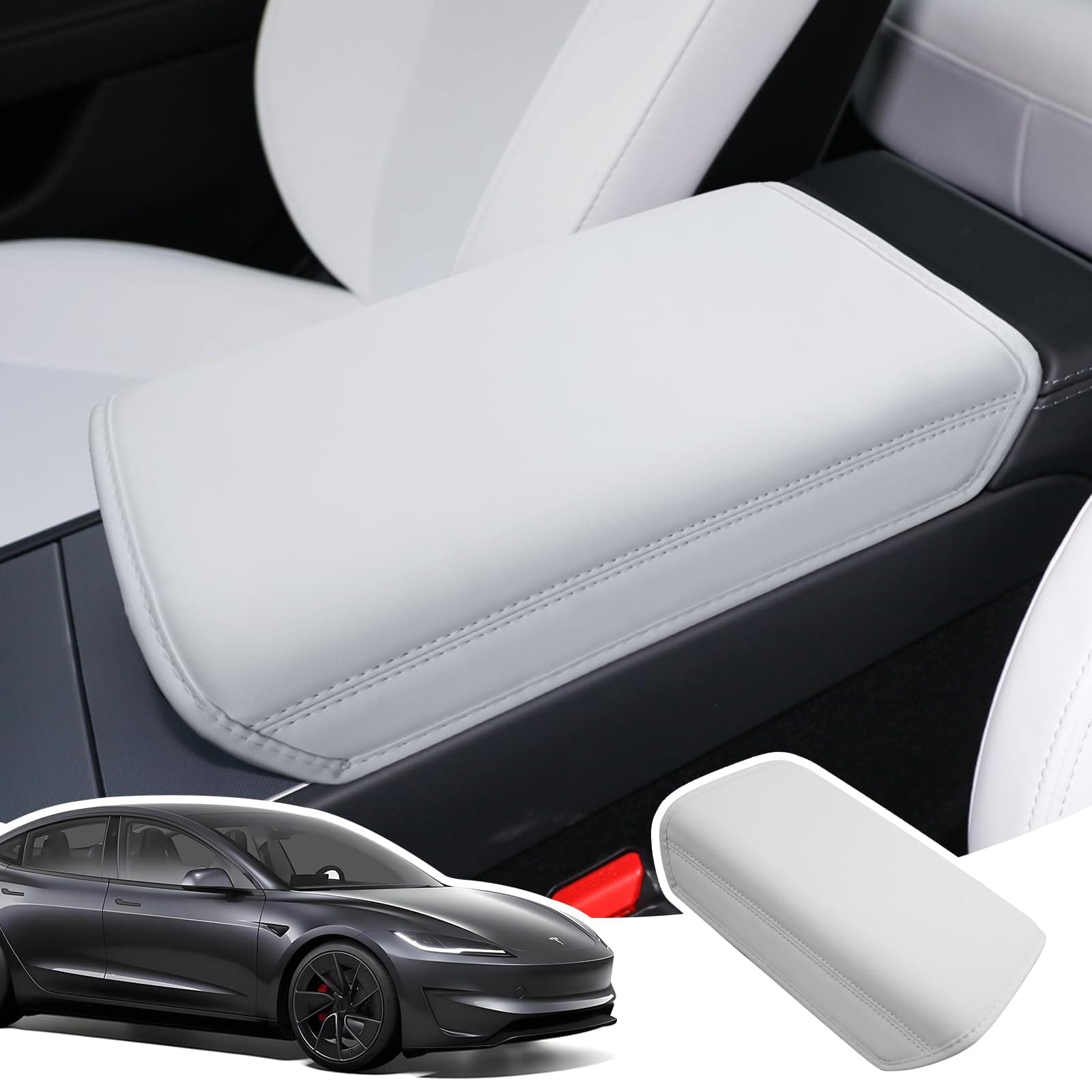 LANGBEAN Armlehnenabdeckung für Tesla Model 3 Highland 2024 2025 2026, Mittelarmlehne Abdeckung aus Dickem PU-Leder, Rutschfestes Zubehör zur Erhöhung der Armlehne, Weiß Armlehnenbezüge aus Dickem PU Weiß