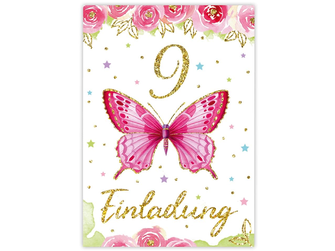 Minkocards 12 Einladungskarten zum 9. Kindergeburtstag Mädchen Schmetterling Einladungen neunte Geburtstag Kinder Mädchengeburtstag Karten 12er-Set