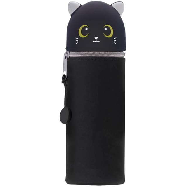 GDFJBG 2-in-1 Silikon Federmäppchen, Kawaii,Tischstifthalter Federtasche Tischstifthalter, Reißverschluss, Silikon, Stiftetasche Buntstifte Marker (Schwarze Katze)