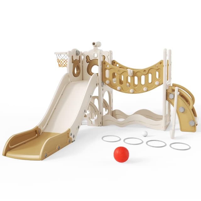Kinderrutsche für Kleinkinder, freistehend, mit Basketballkorb, Kletterer, Gang und Stauraum, Kletterloch, Kleinkind-Outdoor-Spielset, Geschenk für Kleinkinder, sowohl drinnen als auch draußen (Khaki Khaki-6-in-1 Elch