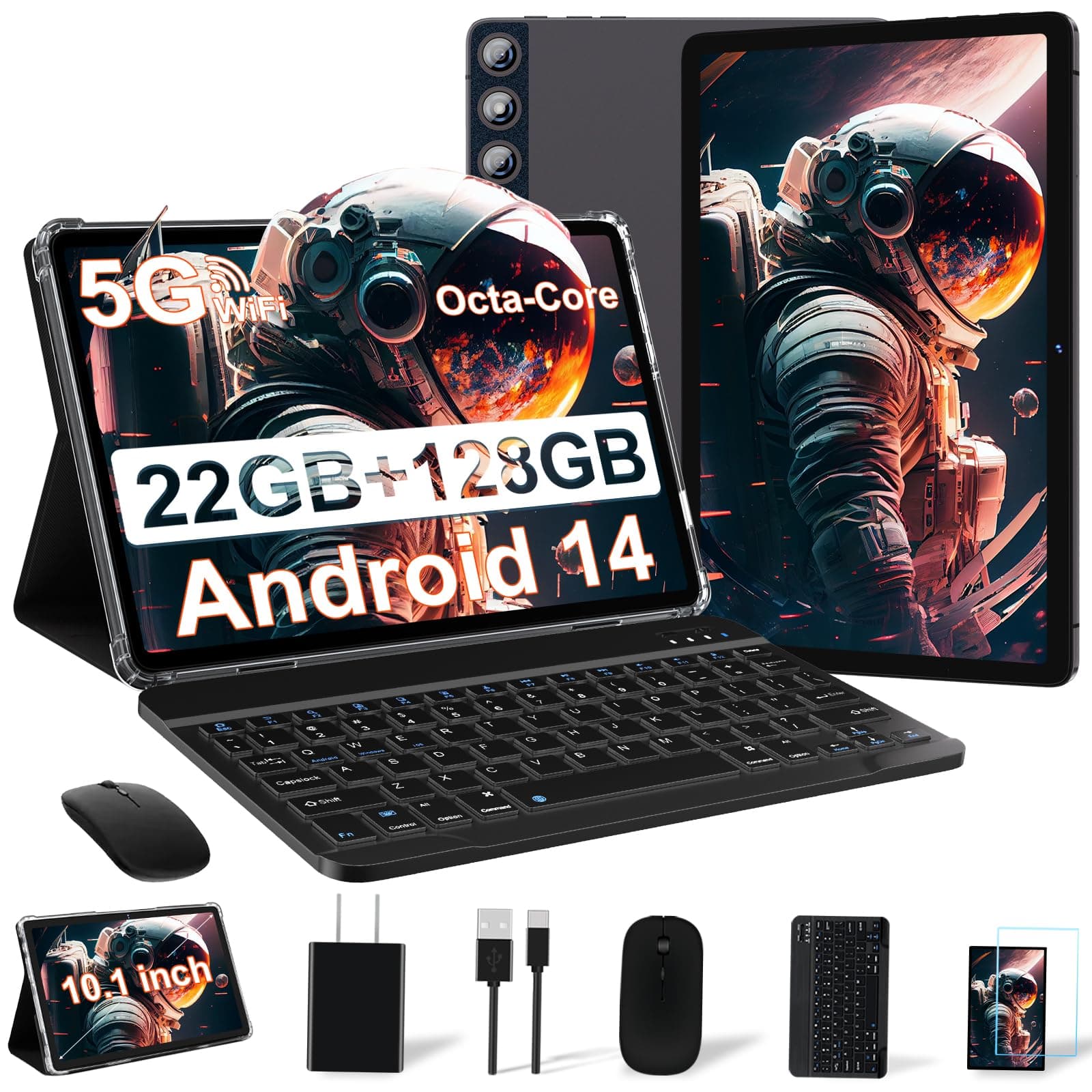 DMOAO Tablet 10 Zoll mit 22GB RAM+128GB ROM TF 1TB, 8-Core 2.0 GHz, Widevine L1, 8000mAh, 5G WLAN, 2 in 1 Android 14 Tablet mit Tastatur und Maus, BT 5.0/GPS/Face ID, Metall Grau 22GB+128GB Metallgrau