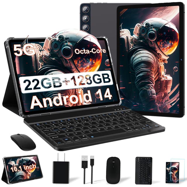 DMOAO Tablet 10 Zoll mit 22GB RAM+128GB ROM TF 1TB, 8-Core 2.0 GHz, Widevine L1, 8000mAh, 5G WLAN, 2 in 1 Android 14 Tablet mit Tastatur und Maus, BT 5.0/GPS/Face ID, Metall Grau 22GB+128GB Metallgrau