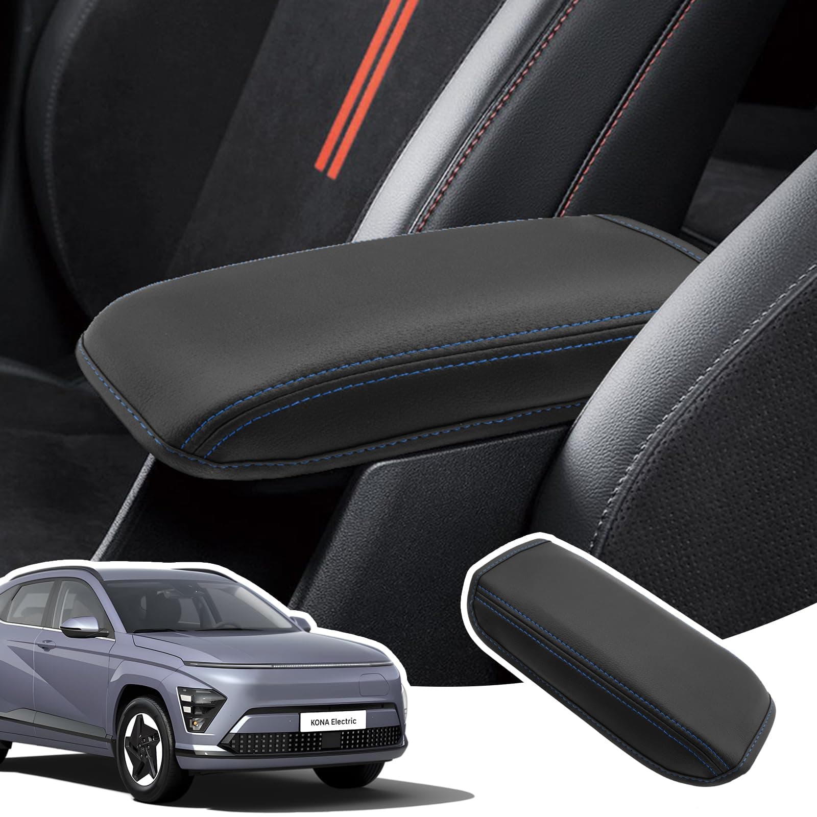 LANGBEAN Armlehnenabdeckung für Hyundai Kona SX2 2024 2025, Mittelarmlehne Abdeckung aus PU-Leder, Kona SX2 Hybird Armlehnenschutzhülle Mittelkonsole Zubehör zur Erhöhung der Armlehne, Blau Armlehnenbezüge aus PU Schwarz & Blau
