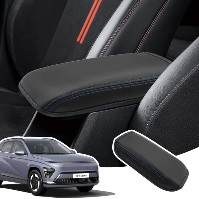 LANGBEAN Armlehnenabdeckung für Hyundai Kona SX2 2024 2025, Mittelarmlehne Abdeckung aus PU-Leder, Kona SX2 Hybird Armlehnenschutzhülle Mittelkonsole Zubehör zur Erhöhung der Armlehne, Blau Armlehnenbezüge aus PU Schwarz & Blau