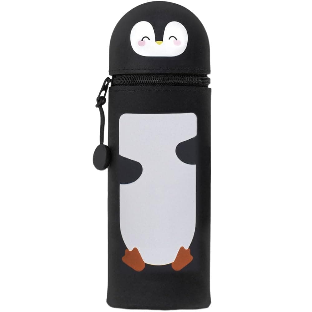 GDFJBG 2-in-1 Silikon Federmäppchen, Kawaii,Tischstifthalter Federtasche Tischstifthalter, Reißverschluss, Silikon, Stiftetasche Buntstifte Marker (Pinguin)