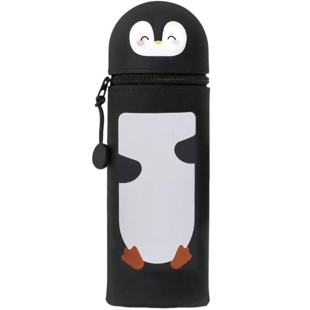 GDFJBG 2-in-1 Silikon Federmäppchen, Kawaii,Tischstifthalter Federtasche Tischstifthalter, Reißverschluss, Silikon, Stiftetasche Buntstifte Marker (Pinguin)