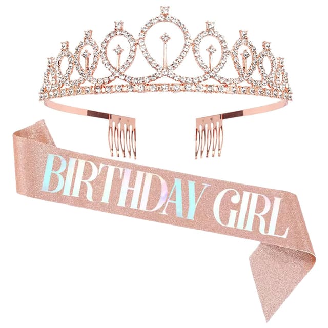 GUO-YING Krone & Schärpe für Damen & Mädchen - Geburtstagskrone, Geburtstags-Schärpe, Festdeko Haarschmuck mit Glitzer, Tiaras & Schärpen Set für Geburtstagskönigin & Party (rose gold 4)