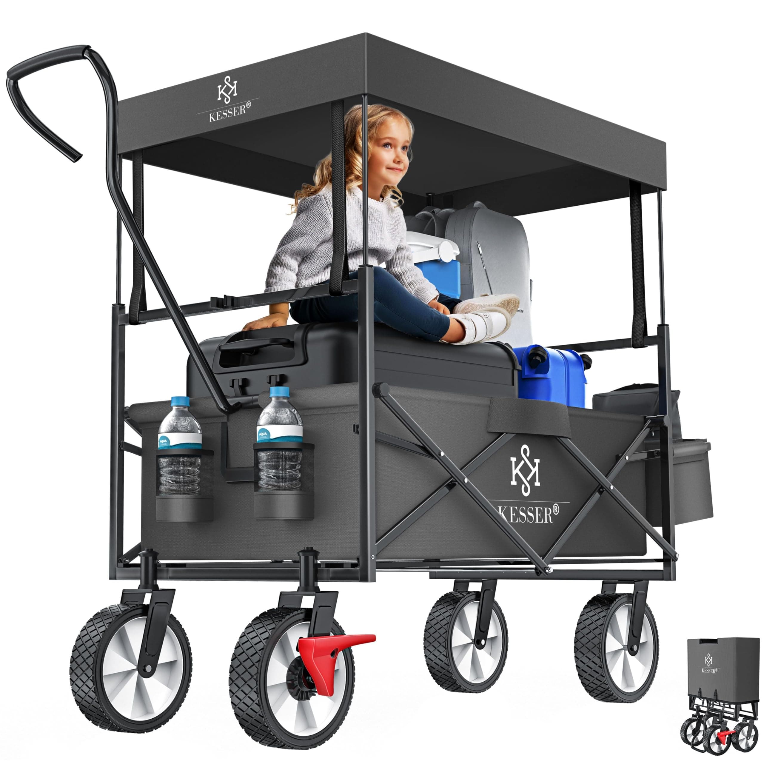 KESSER® Bollerwagen faltbar mit Dach Handwagen Transportkarre Gerätewagen klappbar mit 360° drehbare Vorder-Räder, Vorderrad-Bremse & Vollgummi-Reifen inkl. XXL Außen-Tasche, 2 Netztaschen & Abdeckung Anthrazit