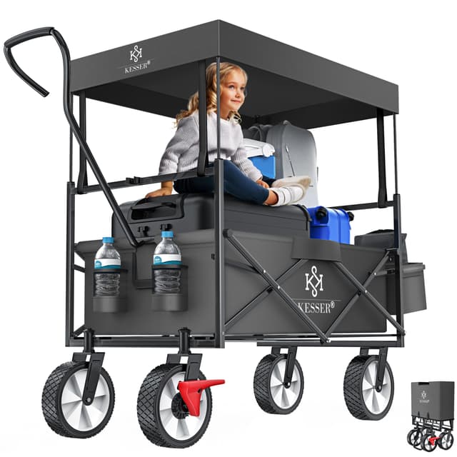 KESSER® Bollerwagen faltbar mit Dach Handwagen Transportkarre Gerätewagen klappbar mit 360° drehbare Vorder-Räder, Vorderrad-Bremse & Vollgummi-Reifen inkl. XXL Außen-Tasche, 2 Netztaschen & Abdeckung Anthrazit