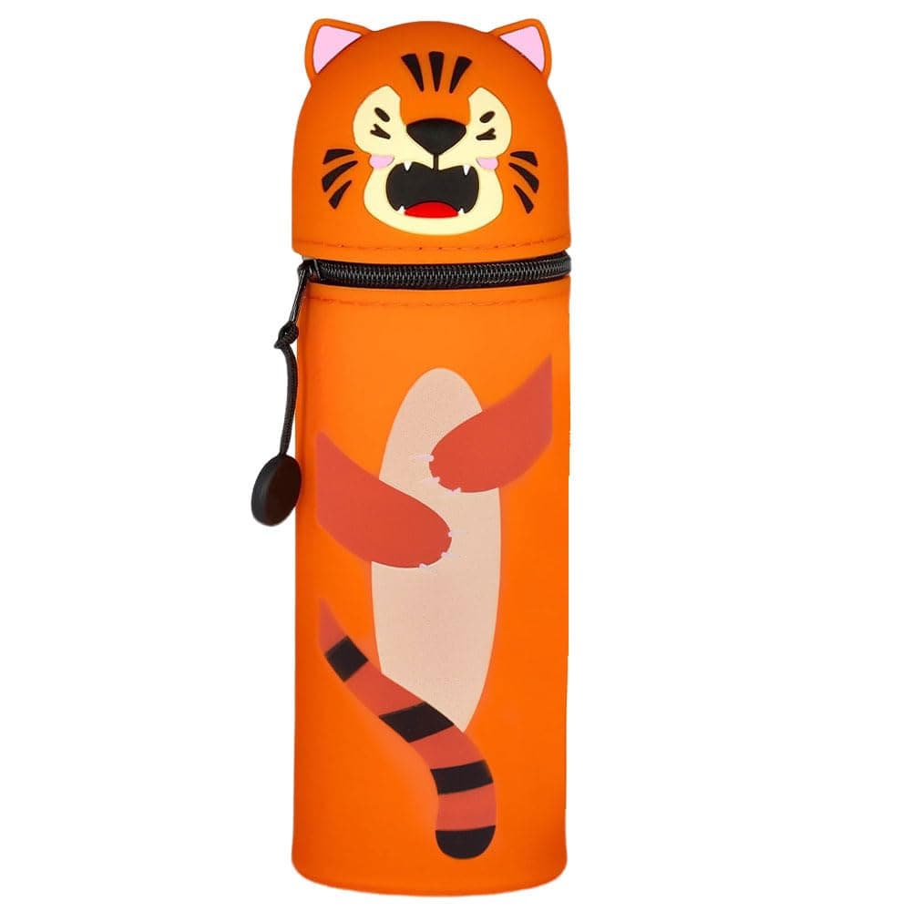 GDFJBG 2-in-1 Silikon Federmäppchen, Kawaii,Tischstifthalter Federtasche Tischstifthalter, Reißverschluss, Silikon, Stiftetasche Buntstifte Marker (Tiger)
