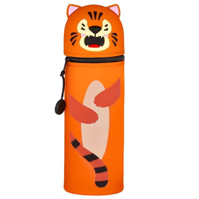 GDFJBG 2-in-1 Silikon Federmäppchen, Kawaii,Tischstifthalter Federtasche Tischstifthalter, Reißverschluss, Silikon, Stiftetasche Buntstifte Marker (Tiger)