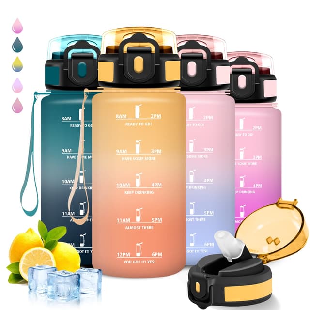 Trinkflasche Kinder, Trinkflasche 500ml, Wasserflasche mit Strohhalm, Leicht zu Reinigen, Wasserflasche Auslaufsicher, mit Motivierendem Slogan, mit Zeitmarkierung, für Schule, Camping, Reisen, Büro 500 ml Gelb-orange