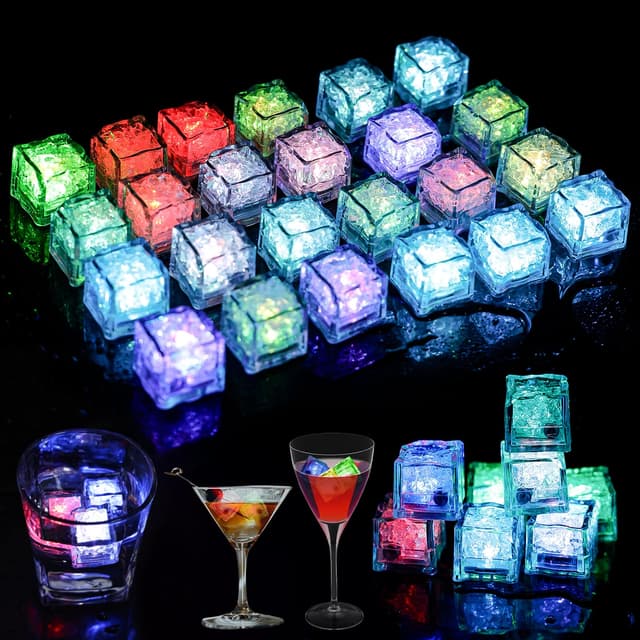24 Stück LED Eiswürfel: Wiederverwendbar Flash LED Ice Cube, Leuchtende Eiswürfel mit Led Licht, Blinkende Eiswürfel mit Licht, Bunte Eiswürfel Leuchtend für Hochzeit, Party, Bar und Club