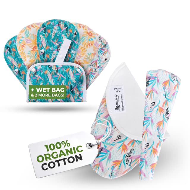 ÖkoKomfort STRING Slipeinlagen waschbar aus Bio Baumwolle (TANGA, 7er-Pack); dünne hochtemperatur-waschbare Slipeinlagen für Damen & Mädchen; 100% Atmungsaktiv (kein PUL/TPU) für täglichen Ausfluss Monstera Tanga
