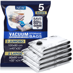 Vakuumbeutel für Bettdecken 5 Stück 3 Jumbo 100x80cm 2 Groß 80x60cm – Vakuumbeutel für Kleidung, Wiederverwendbar als Solche Aufbewahrungstasche, ideal für Reise und Alltag 5 Stück-XL Angebot bei HelloDeals