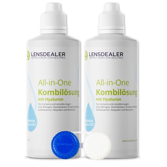 Lensdealer All in One Kontaktlinsenflüssigkeit | 2x 360ml + 2 Behälter | Kombilösung zur Reinigung von weichen Kontaktlinsen