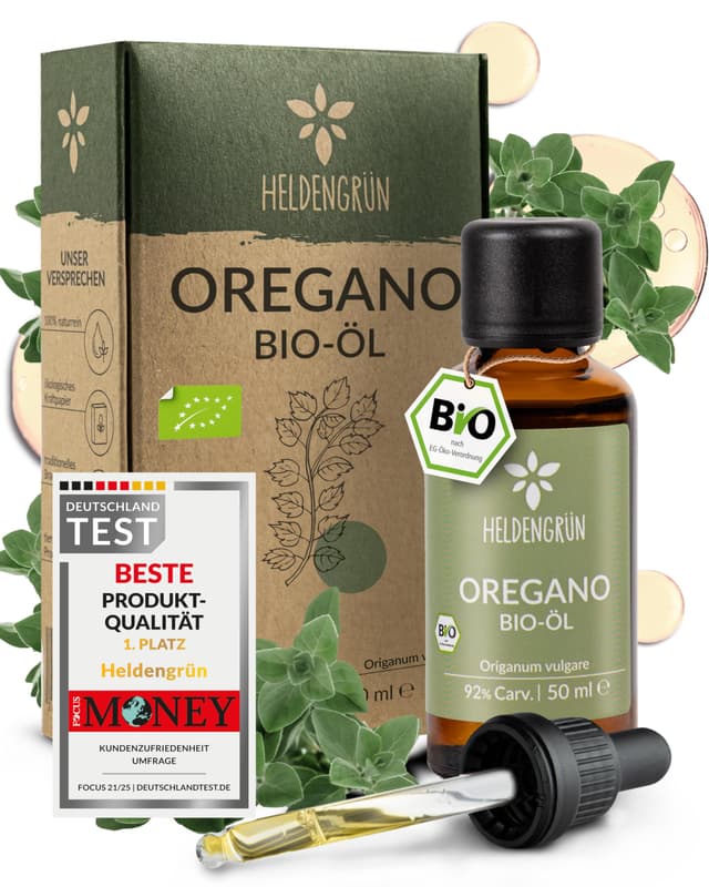 Heldengrün® BIO Oregano Öl 50 ml [MAX HOCHDOSIERT] mit +92% Carvacrol - Zertifiziertes Lebensmittel zum Einnehmen - Oreganoöl Bio aus Griechenland - Oregano Oil Oregano (92% Carv.) 50 ml (1er Pack)