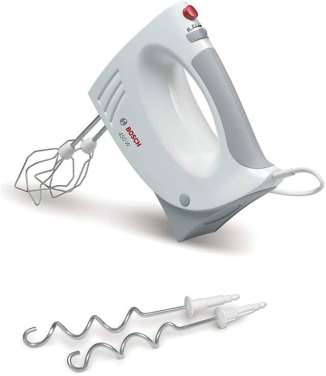 Bosch Handrührer MFQ3530, Handrührgerät, 2 Rührbesen, 2 Edelstahl-Knethaken,spülmaschinengeeignet, 5 Stufen, 450W, Weiß/Grau 7,7 cm l x 20,1 cm w x 14,1 cm h Weiß/Grau