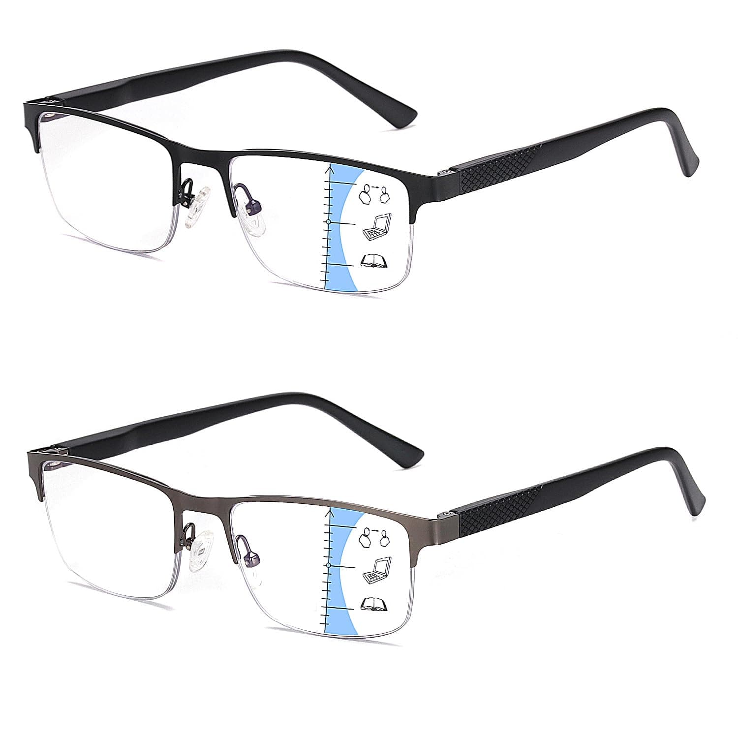 Missfive 2 Pack Gleitsichtbrille Herren Gleitsicht Lesebrille Metall Multifokale Blaulichtfilter Halbrahmen Nahkomfort-Brillen Mit Federscharniere (Schwarz&Gunmetal, Nähe-Mittlere Entfernung, 1.5x) Multifokus/ 1 Schwarz+ 1 Gunmetal 1.5 x