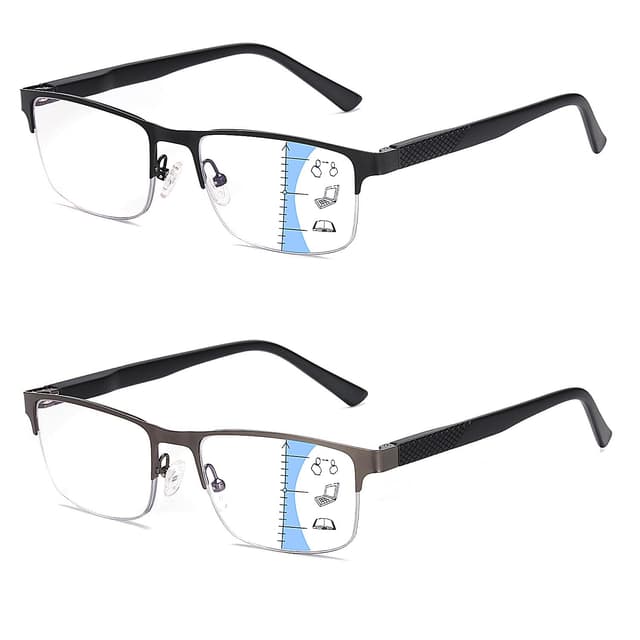 Missfive 2 Pack Gleitsichtbrille Herren Gleitsicht Lesebrille Metall Multifokale Blaulichtfilter Halbrahmen Nahkomfort-Brillen Mit Federscharniere (Schwarz&Gunmetal, Nähe-Mittlere Entfernung, 1.5x) Multifokus/ 1 Schwarz+ 1 Gunmetal 1.5 x