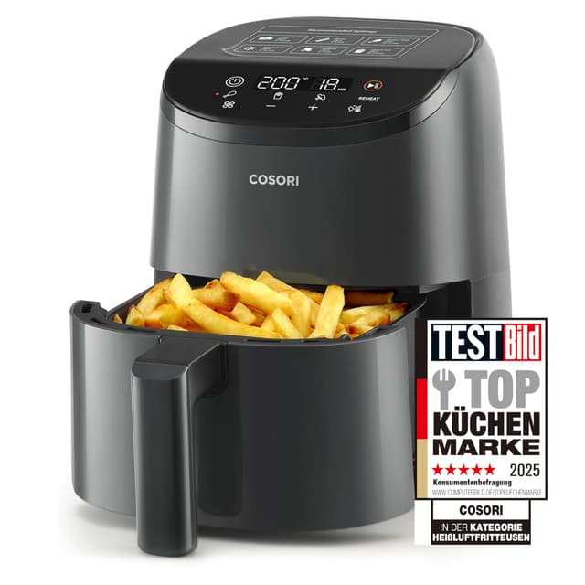 COSORI Heißluftfritteuse klein 2L, Mini-Airfryer für 1 Person, ideal für Camping, Reisen und Wohnmobile, schnell, kompakt, ohne Öl, energiesparend, Helles Schwarz Mini 2L