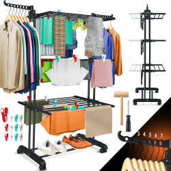 KESSER® Wäscheständer-Turm mit Rädern Platzsparender Wäschetrockner für Innen & Außen 4-Etagen 2 drehbare Seitenflügel und 6 klappbare Ebenen Standtrockner Wäscheturm Zusammenklappbar, inkl. Klammern Schwarz Angebot bei HelloDeals