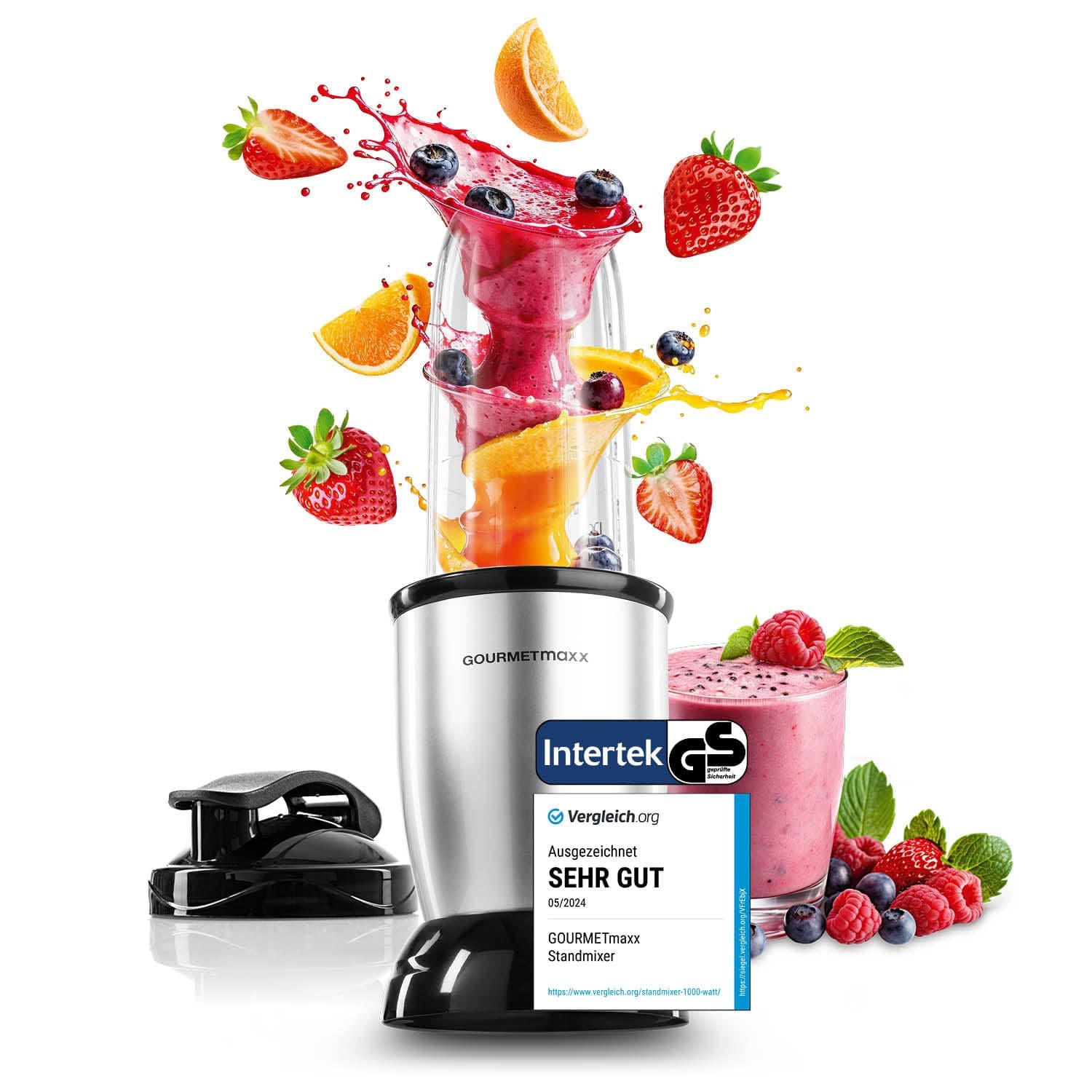 GOURMETmaxx Nutrition Mixer | Smoothie Maker - 4-tlg. | Standmixer mit großem 700-ml-Mixbecher & To go Deckel | Blender mit 22.000 U/min | Food Processor für Shakes, Smoothies etc. Nutrition Mixer Power | 500W | M-Set Silber | Schwarz