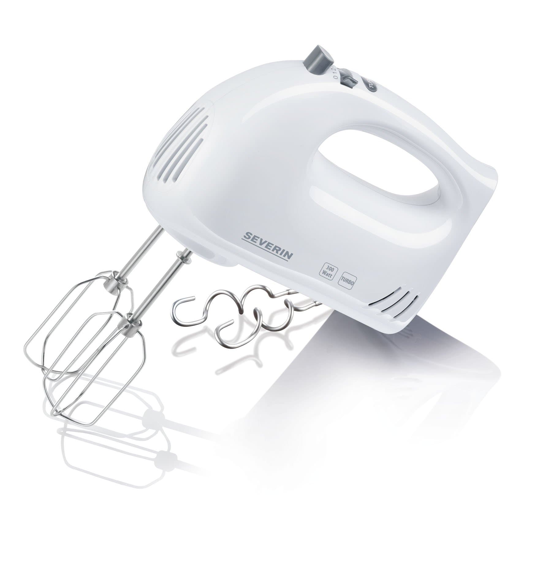 SEVERIN Handmixer, Handrührgerät mit 5 Geschwindigkeitsstufen, praktischer Handrührer mit 2 Edelstahl-Rührbesen und -Knethaken, weiß, HM 3820