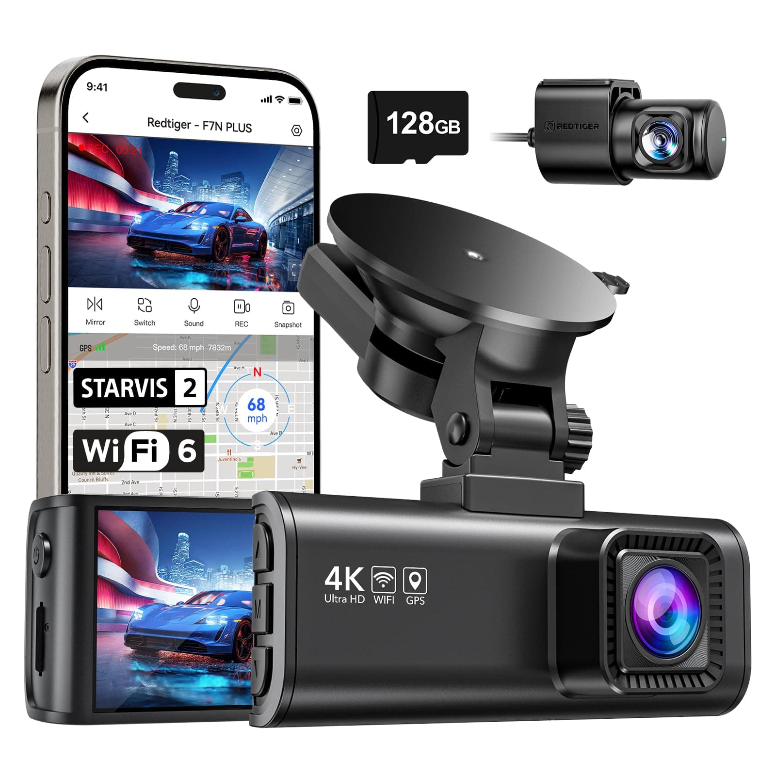 REDTIGER Dashcam Auto Vorne Hinten 4K/2,5K mit STARVIS 2, Dash Cam Auto Kamera 3,18" IPS-Bildschirm, kostenlose 128-GB-Karte,5.8GHz WiFi, GPS, 170°Weitwinkel WDR, Unterstützt 256 GB Max(F7NP)