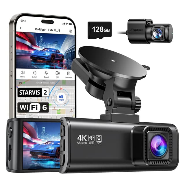 REDTIGER Dashcam Auto Vorne Hinten 4K/2,5K mit STARVIS 2, Dash Cam Auto Kamera 3,18" IPS-Bildschirm, kostenlose 128-GB-Karte,5.8GHz WiFi, GPS, 170°Weitwinkel WDR, Unterstützt 256 GB Max(F7NP)