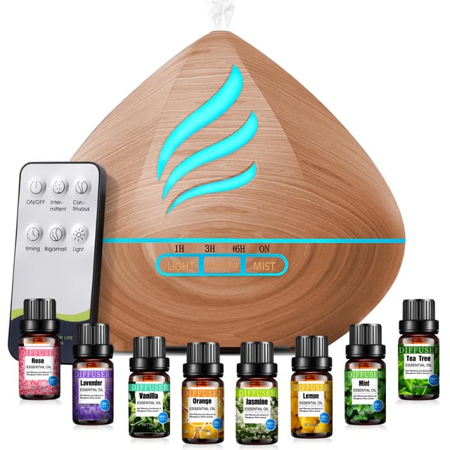 PureMist Aroma Diffuser 500ml für Ätherische Öle: Ultraschall Luftbefeuchter Schlafzimmer mit Fernbedienung - Lufterfrischer mit 14-farbigem LED & 4 Timer ‎brown Wood